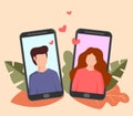 Dating in mobile application. Dating online. Smartphone with chatting boy and girl on screen. Young couple in smartphone